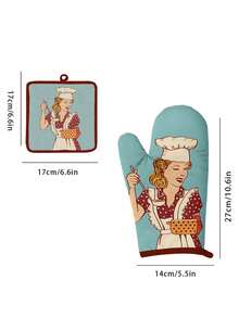 2 件套耐热烤箱手套和隔热垫套装，卡通蛋糕印花微波炉手套，双层加厚隔热手套和隔热垫，适合感恩节假期聚会、家庭厨房烹饪、微波炉、烤箱使用