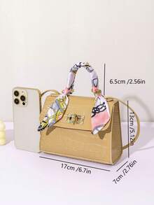 1pc Girls Mini Solid Color Crossbody Bag, Scarf Decor Handbag, Ideal For Daily Use And Gift Giving - Khaki - View 2