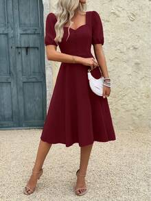 Retro Elegant Solid Color Waist Fitted Short Sleeve Dress - Burgundy - View 5