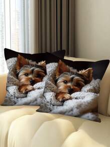 1pc Yorkshire Dog Pattern Theme Pillow Cover, Yorkshire Pet Dog Pattern Pillow Cover, Suitable For Sofas, Chairs, Beds, Cars, Living Rooms, Offices, Modern Style, Polyester Fiber, Zipper, Home Decoration Pillowcase, 18 * 18 Inches