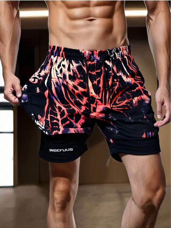 Men's Summer Double Layer Outdoor Sports Printed Woven Shorts
