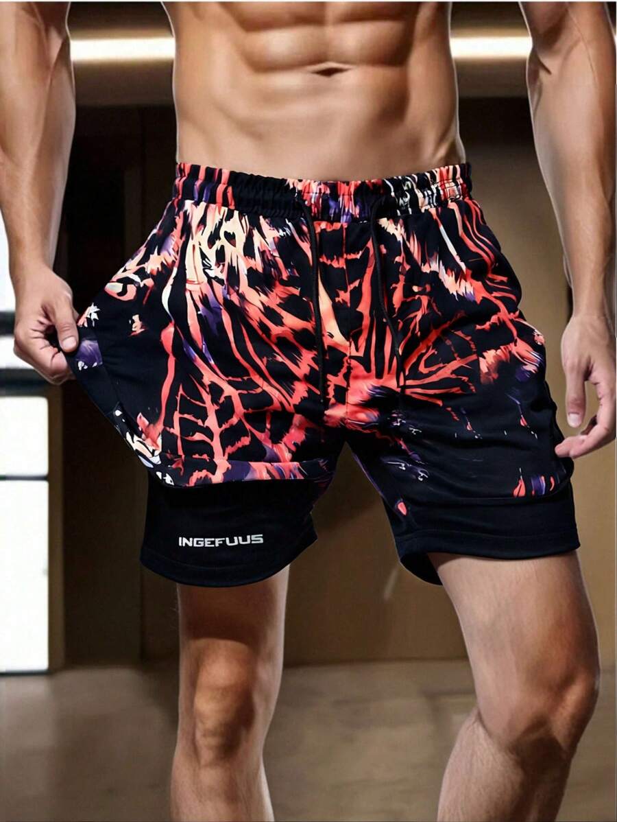 Men's Summer Double Layer Outdoor Sports Printed Woven Shorts