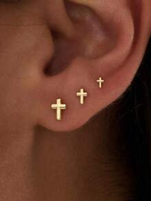 Bộ 3 khuyên tai đinh tán phẳng nhỏ xinh cho nữ màu vàng không gây dị ứng dễ thương Bộ khuyên tai vít phẳng nhỏ đeo hàng ngày hình bướm, ngôi sao, mặt trăng, thánh giá, ngọc trai, bộ khuyên tai zirconia - Vàng - Xem 5