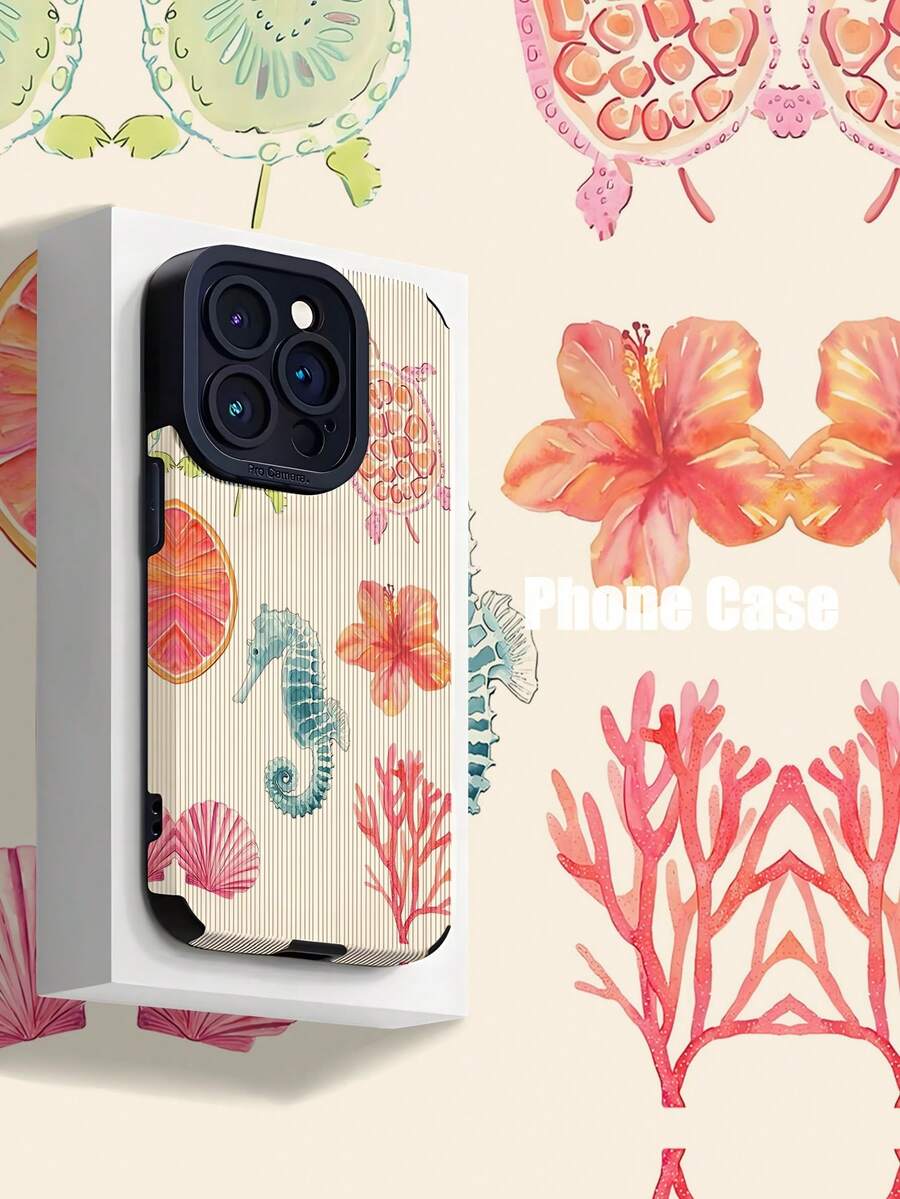 1pc Seashell & Floral Striped Faux Leather Protective Shockproof Anti-Fingerprint Phone Case, Compatible With Apple & Models - Multicolor - View 1