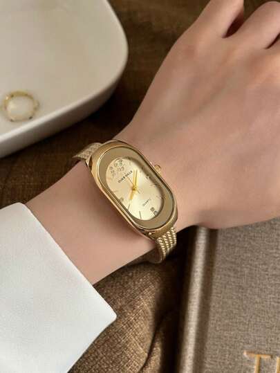 SUNLIFEX ساعة يد نسائية كوارتز بتصميم بسيط وأنيق وراقي من الذهب، أنيقة ومصقولة ذات طراز عتيق، بشكل بيضاوي مرصع بالراين ستون، قطعة واحدة