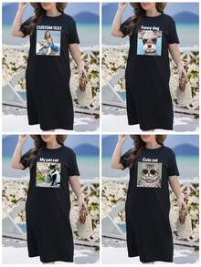 Customized Photo Print Casual Dress For Women, Personalized Couple/Lover/Family/Friend/Pet Image, Comfortable Loose Plus Size Long Dress, Graphic T-Shirt Dress, Gift For Her, Autumn Top, Anniversary Gift, Valentine's Gift, Birthday Gift, Wedding Gift, Best Friend Gift - Black - View 2