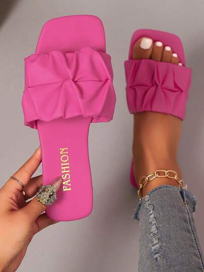 Women's New Fashion Versatile Non-Slip Flat Comfortable Sandals For Outdoor Wear, Square Toe Plus Size Summer Beach Casual Slip-On Slippers, Minimalist Strap Sandals, Extra Wide Width