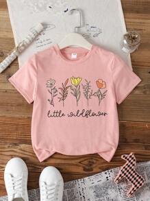 Kleine Mädchen T-Shirt mit Blumen- und Sloganprint, Rundausschnitt, Kurzarm, für Frühling und Sommer, lässiges Kinder T-Shirt