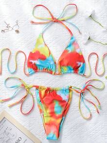 Conjunto de bikini bohemio con estampado tie-dye y espalda descubierta para mujer, con Bottom tipo tanga con lazos laterales, traje de baño de tela elástica de mediana calidad - Multicolor - Ver 2