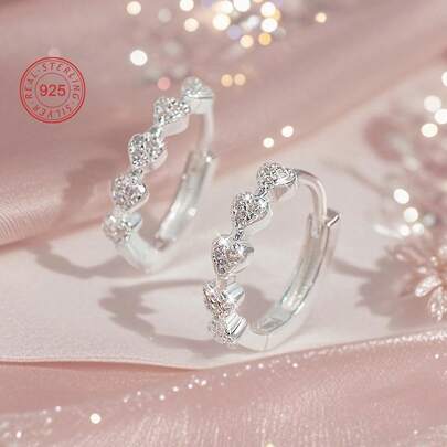 Artepollo 1pc 925 Sterling Silver Hypoallergenic Heart Shaped Hoop Earrings, Inlaid With Sparkling Cubic Zirconia, Elegant And Exquisite, Gift For Girls, Friends, Back To School