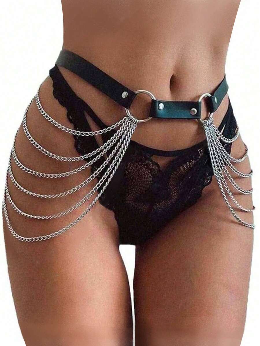 1 chiếc thắt lưng da đen phong cách Phục Hưng Punk màu bạc dành cho nữ, có tua rua bạc, dây xích nhiều lớp, thích hợp cho tiệc Halloween hoặc mặc hàng ngày. - màu đen - Xem 1