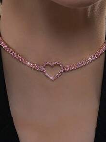 1pc Rhinestone Decor Heart Choker Necklace - Y2k Style Party Women Girls Daily Wear Jewelry Gift - Pink - View 5
