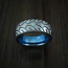 4pcs/Set Stainless Steel Blue & Black Tire Tread Pattern Rings For Men - Brushed Finish Engagement & Wedding Rings, Hypoallergenic, Timeless Jewelry - Multicolor - View 7