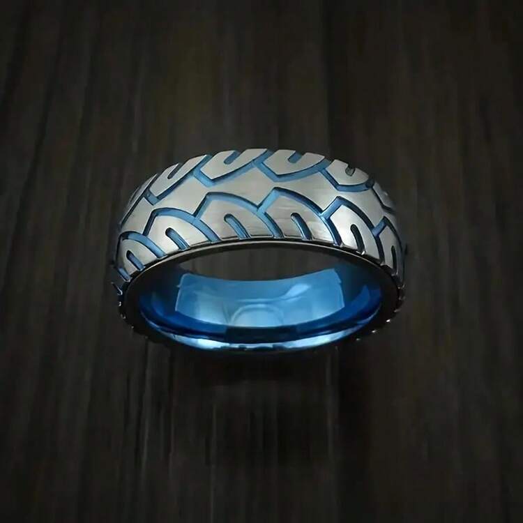 4pcs/Set Stainless Steel Blue & Black Tire Tread Pattern Rings For Men - Brushed Finish Engagement & Wedding Rings, Hypoallergenic, Timeless Jewelry - Multicolor - View 7