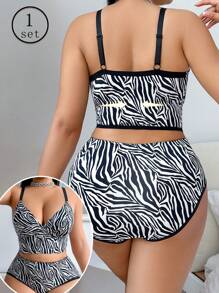 Plus Size Women Zebra Print Bra And Panty Set, Wireless Soft & Comfortable Lingerie Set
