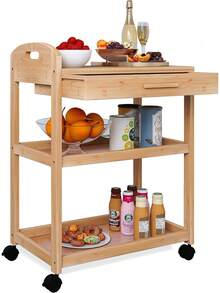 Kitchen Island Cart On Wheels With Storage Drawer & Shelves, Bamboo 3-Tier Rolling Utility Serving Rack With Solid Wood Countertop & Lockable Casters (Natural) - 1 - View 1