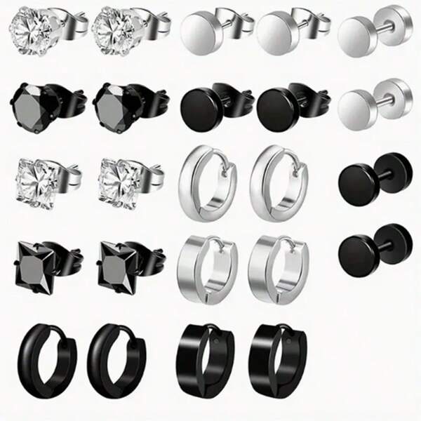 12pcs/Set Men's Punk Style Stainless Steel Earring Studs Set, Creative & Fashion Jewelry Ear Piercings For Men