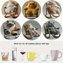 6pcs Creative Wooden Coasters With Slouchy Cat Design - Heat Resistant & Non-Slip, Suitable For Coffee & Drinks - Perfect For Holiday Decor, Theme Parties And Gifts - Multicolor - View 2