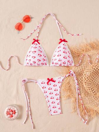 2 pièces/ensemble Tenue de plage pour femmes en vacances, imprimé papillon, débardeur à nouer et pantalon à taille nouée, ensemble de bikini sexy