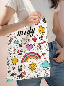 1个可定制姓名/文字图案印花休闲手提袋，可重复使用单肩购物袋，多功能单肩包，多功能，装饰性，字母，时尚，现代，多彩，可爱，迷人，休闲，定制，个性化，独特，个性化，送给他的理想礼物，送给她的理想礼物，儿童，都市盛会，旅行，学校 - 彩色 - 查看 2