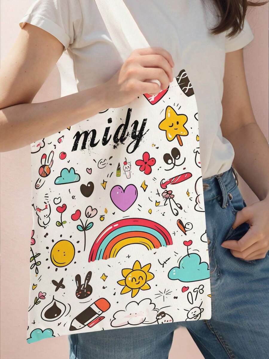 1个可定制姓名/文字图案印花休闲手提袋，可重复使用单肩购物袋，多功能单肩包，多功能，装饰性，字母，时尚，现代，多彩，可爱，迷人，休闲，定制，个性化，独特，个性化，送给他的理想礼物，送给她的理想礼物，儿童，都市盛会，旅行，学校