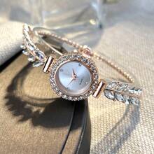 1pc Women's Bling Rhinestone Wheat Ears Alloy Watch Band, Alloy Round Case With Crystal Sunburst Dial, Classic Fashionable Sparkling Quartz Watch