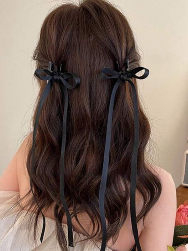 2pcs/Set Women's Black Bow With Ribbons Sweet Ballet Style Fashion Hair Clips, Suitable For Everyday Use Hair Claws Claw Clips Hair Jaw Clip Hair Clamps Hair Clutch Hair Catcher Clip