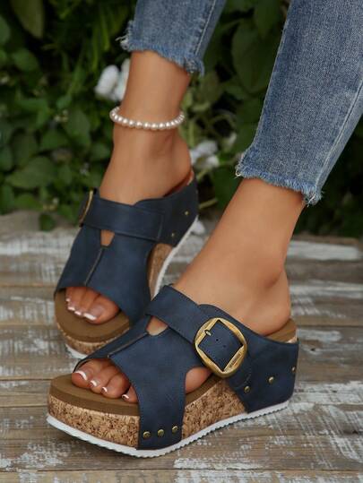 Sandali da donna con zeppa, stile europeo e americano, in pelle scamosciata, con cuciture decorative, suola morbida e comoda, punta aperta, fibbia singola, taglia plus