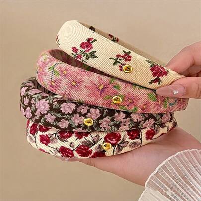 4pcs Vintage Ditsy Floral Sponge Headbands, Wide-Brim Hair Hoop, Elegant Top Knot Headpiece, Simple & Lace Design