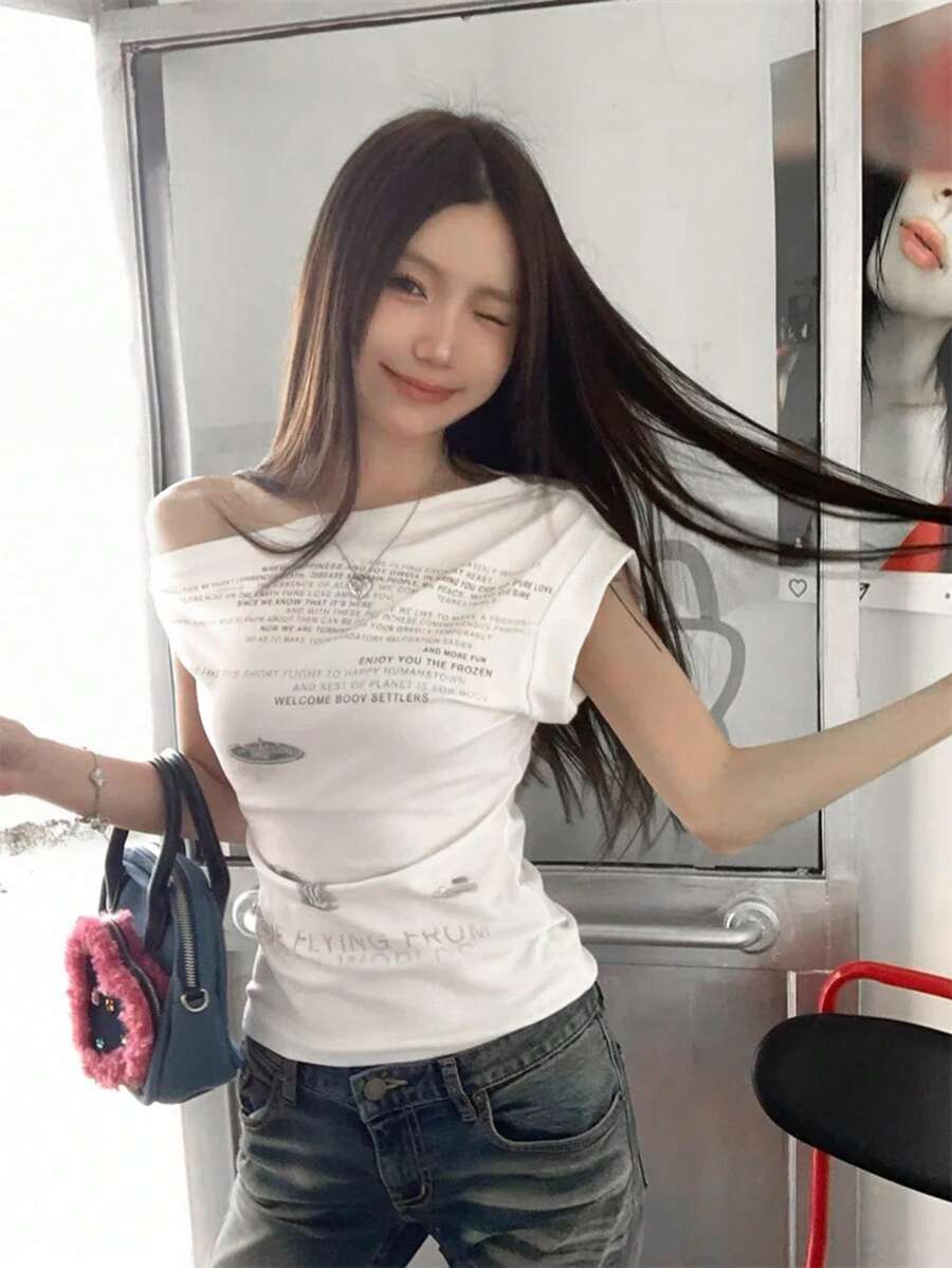 Women's Asymmetrical Asymmetric Shoulder Short Sleeve T-Shirt, Unique Design Cropped Casual Top For Summer