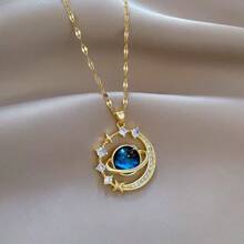1 pièce Collier pour femmes en acier inoxydable avec pendentif en forme de lune décoré de pierres du ciel étoilé et de strass complets {Boîte de collier non incluse}