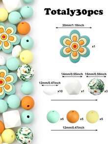 [15 件/30 件波西米亚花卉硅胶珠] 15 件/30 件硅胶珠套装，波西米亚花卉主题，用于珠宝制作、串珠笔、手链和钥匙扣制作的装饰珠 - 彩色 - 查看 6