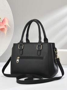 时尚刺绣简约百搭女士手提包，配有吊坠配饰 - 黑色 - 查看 4