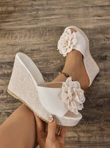 New Handmade Floral Vacation Solid Color Sandals, Slip-On Peep Toe Waterproof Platform Super High Thick Sole Large Size Women Shoes, Summer