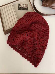 1pc Casual Boho Polyester Knitted Hollow Pearl Flower Handmade Beanie Hat, Lightweight 4 Season, Sweet & Cute Korean Style For Women