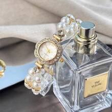 1pc Women's Double Strand Pearl Elastic Crystal Inlaid Alloy Casing Arabic Numeral Dial Casual Quartz Watch