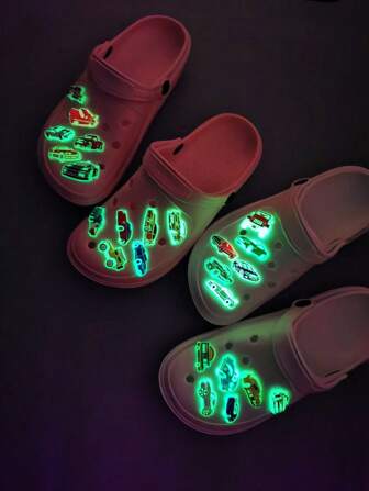 12pcs/Set Multicolor Neon Glow Car Shoes Accessories - Removable PVC Shoe Decorations, Beach Sandals