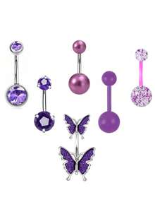 6pcs Acrylic Rhinestone Butterfly Belly Rings, Navel Button Ring With Fruit Shape Piercing - Multicolor - View 16