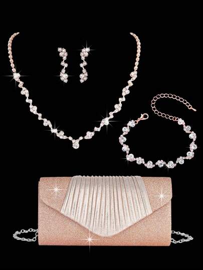 4-Piece Rhinestone Jewelry Set Golden Shiny Necklace Earrings Bracelet Set Women's Evening Dress Clutch Bag Bridal Wedding Shell Elegant Envelope Bag Women's Ball With Detachable Metal Chain Wedding And Party Women's Shoulder Bag Women's Bag Women's Handbag Multi-Functional Glitter Handbag Cocktail Party Wedding New Wallet Banquet Bag