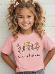 Kleine Mädchen T-Shirt mit Blumen- und Sloganprint, Rundausschnitt, Kurzarm, für Frühling und Sommer, lässiges Kinder T-Shirt