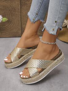 Woven Slide Sandals, Women's Versatile & Fashionable Slippers - Gold - View 5