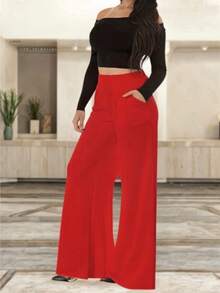 Pantalón Casual Holgado con Bolsas para Mujer - Rojo - Ver 2