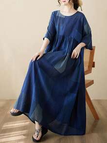 2026夏季女装加大码蓝色格子圆领短袖宽松印花摆裙，优雅连衣裙，波西米亚休闲度假沙滩裙 - 藍色 - 查看 6