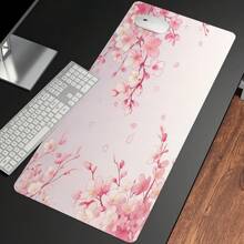 Extra Large Cherry Blossom & Pink Background Gaming Mouse Pad With Rubber Base, Stitched Edges , Smooth Surface Oriental Cherry Desk Mat For Home Office , Ideal Gift For Girlfriend
