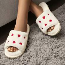 Women's Heart Embroidery Plush Slippers, Fashionable & Cute Fluffy Open Toe Indoor/Outdoor Slippers For Ladies, White, Warm For Autumn/Winter, EVA Bottom & Plush Lining, Suitable For Wedding, Vacation, Party, Home