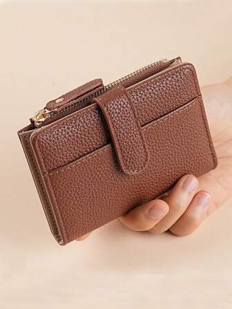 Billetera de mujer con textura de lichi, estilo europeo y americano, minimalista, de alta calidad y elegante, con pliegue, múltiples ranuras para tarjetas, cremallera y monedero. Billetera pequeña, billetera, billetera, billetera linda.