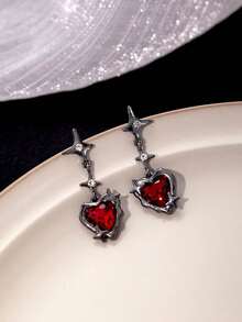 1 Pair Sweet & Cool Dark Red Agate Heart Stud Earrings, Four-Pointed Star & Heart Pendant Rhinestone Crinkled Earrings - Multicolor - View 2