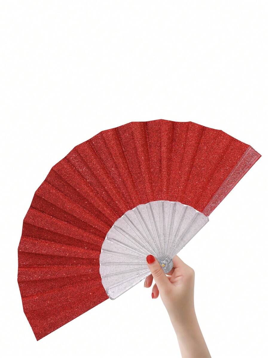 Shiny Pink Hand Fan, Summer Beach Fan, Essential Carnival Accessory, Beach Accessory, Suitable For Festivals, Weddings And Travel - Red - View 1