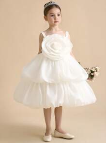 Vestido Elegante de Dama de Honra para Casamento, Festa de Aniversário, Apresentação, para Meninas Jovens, com Alças Finas, Flor 3D de Organza, Excluindo Acessórios de Cabelo