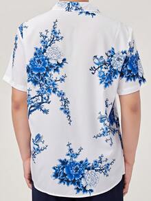 ملابس علوية رجالي كاجوال بأكمام قصيرة فضفاض مزخرف بطبعات الزهور والطيور، ملابس علوية صيفي موضة من البوليستر